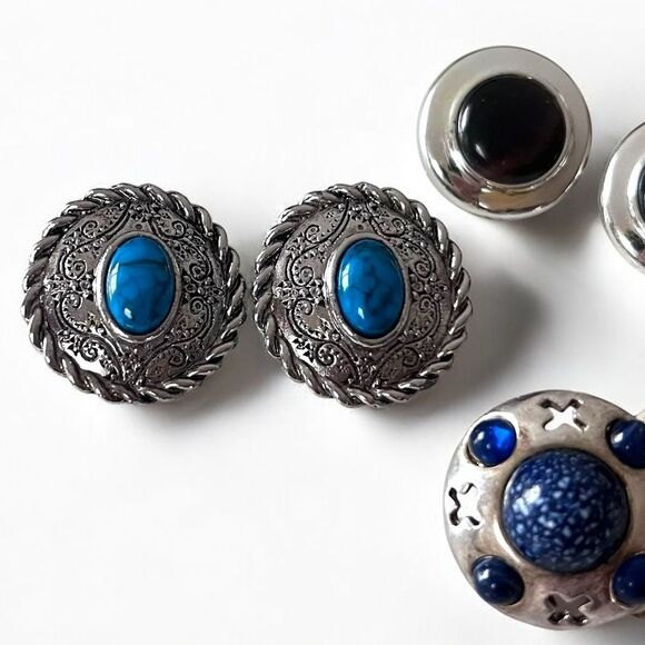 Vintage Silver Cabochon Western Clip Earrings Lot - Picture 3 of 4